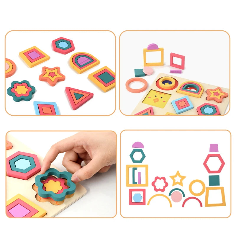 Montessori Children Wooden Rainbow DIY Shape Jigsaw Blocks Puzzle Board Educational Matching Activity Learning Toys for Kids