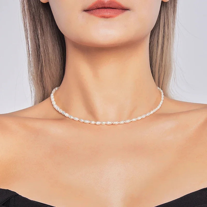 HENGSHENG Small Size 4.5-5.5mm Natural Freshwater White Pearl Necklace Rice Shape Fashion S925 Silver Jewelry for Women Girls