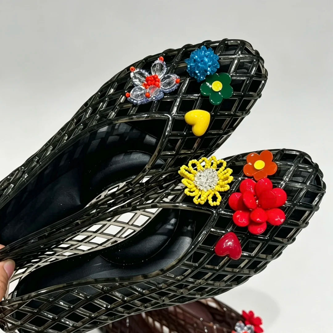 Women's Colorful Hollow Grid Flat Sandals Summer Ladies Flat Jelly Shoe DIY Non-slip Vacation Beach Shoes with Shoes Accessories