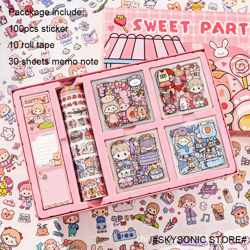 SKYSONIC New 100pcs Sticker,10 Roll Tape,30 Sheets Memo Notes Sakura PET Journal Gift Set Decor Stickers Kids Stationery Set