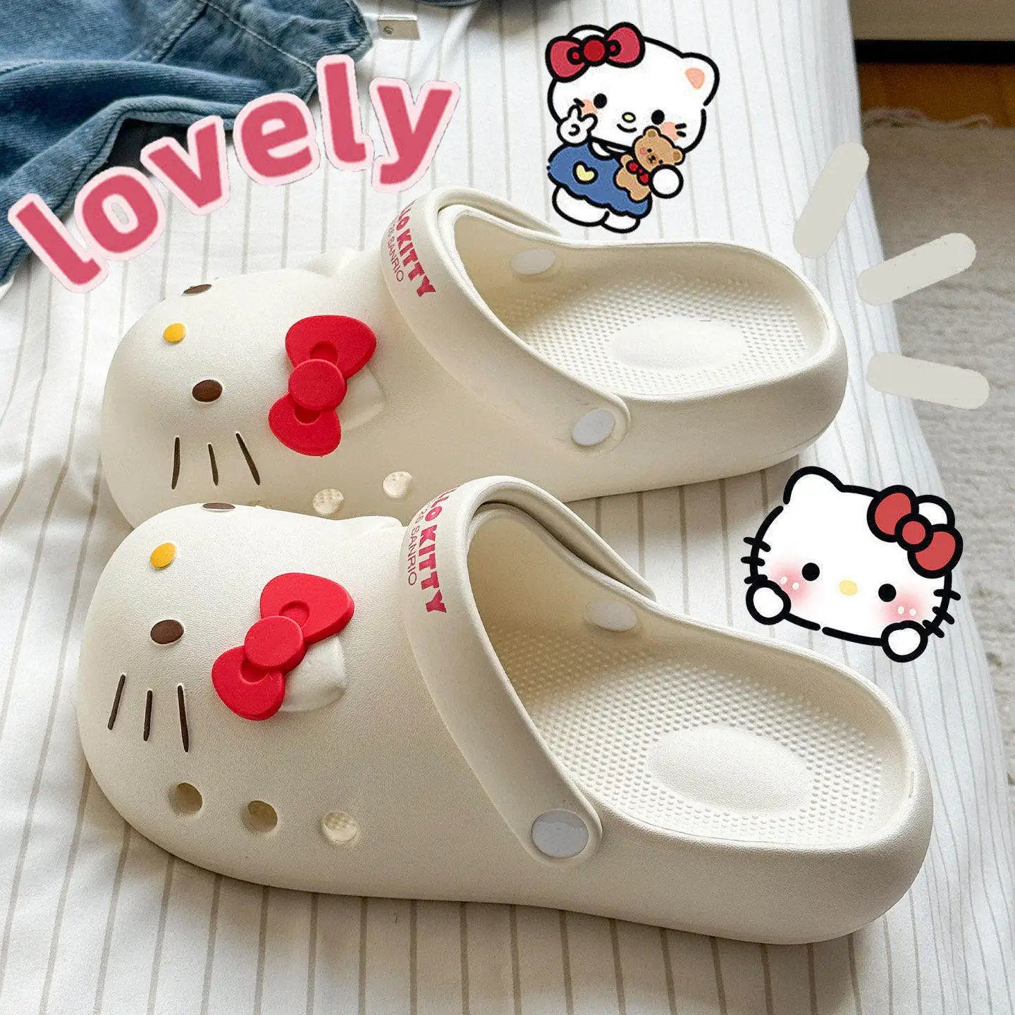 Kawaii HelloKitty Cartoon Peripheral Home Essential Women's Hole Shoes, Summer Slippers, Suitable for Summer Home and Beach Play