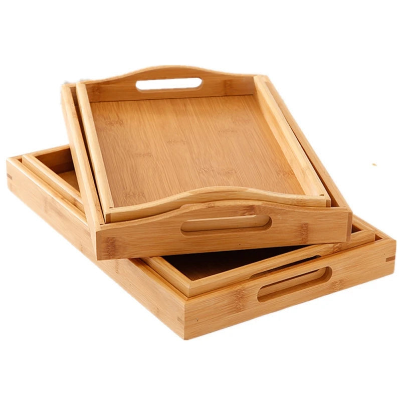 Wide Bamboo Organizer Tray Storage Bin with Handles for Cutlery Serving Spoons Cooking Utensils Teapot Teacup