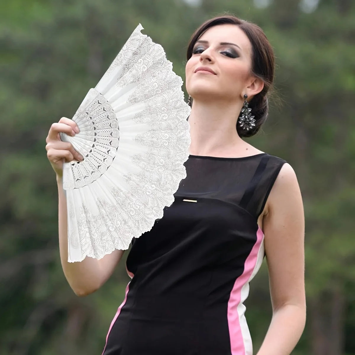 Elegant White Lace Folding Hand Fan, Portable Glitter Floral Fan for Summer Cooling, Wedding, Party & Spanish Dance Performance