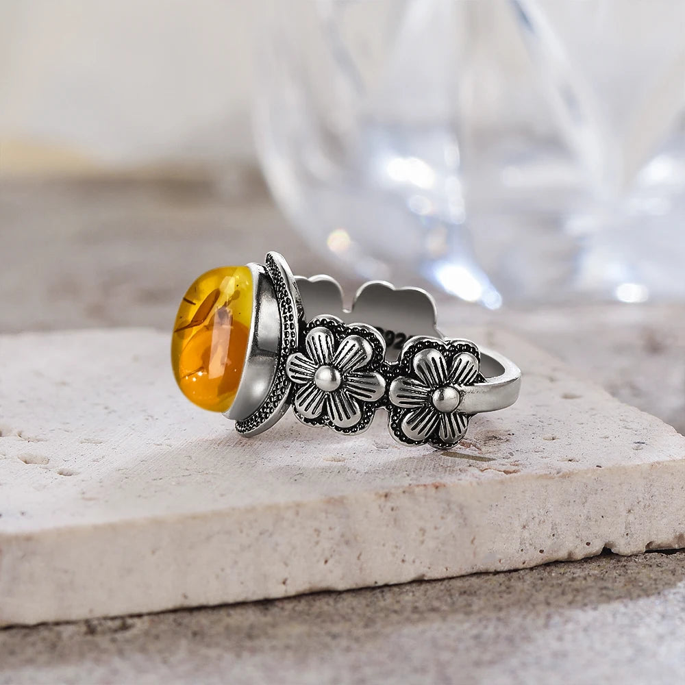 Certified Sterling Silver 925 Petal Amber Ring with Yellow Oval Natural Stone Ring Flower Jewelry Vintage Rings for Women Men