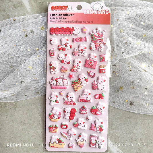 Pink Strawberry Bunny 3D EVA Foam Stickers・Kawaii Kids & Girls Handmade Journal Decor