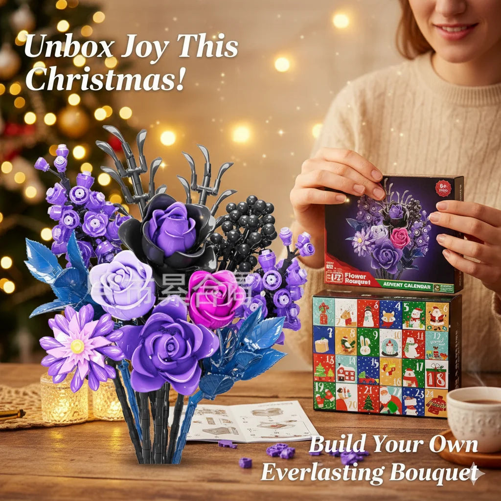 2025 Christmas Flower Bouquet Advent Calendar Building Blocks 24 Days Countdown DIY Kit Holiday Surprise Blind Box Kids Adults