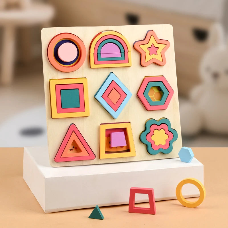 Montessori Children Wooden Rainbow DIY Shape Jigsaw Blocks Puzzle Board Educational Matching Activity Learning Toys for Kids