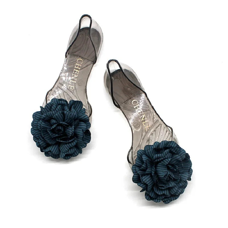 CHENLE Women's Peep Toe Flat Jelly Sandals Floral Decor Transparent Spring Summer Casual Indoor Outdoor Wear Ladies Fashion
