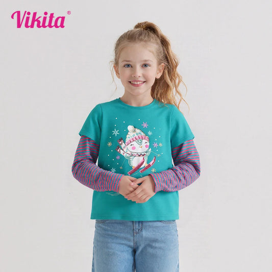 VIKITA Kids Long Sleeve Striped T Shirt Girls Snowman Snowflakes Cartoon Appliqued Cotton Casual Tops and Tees Kids Clothes