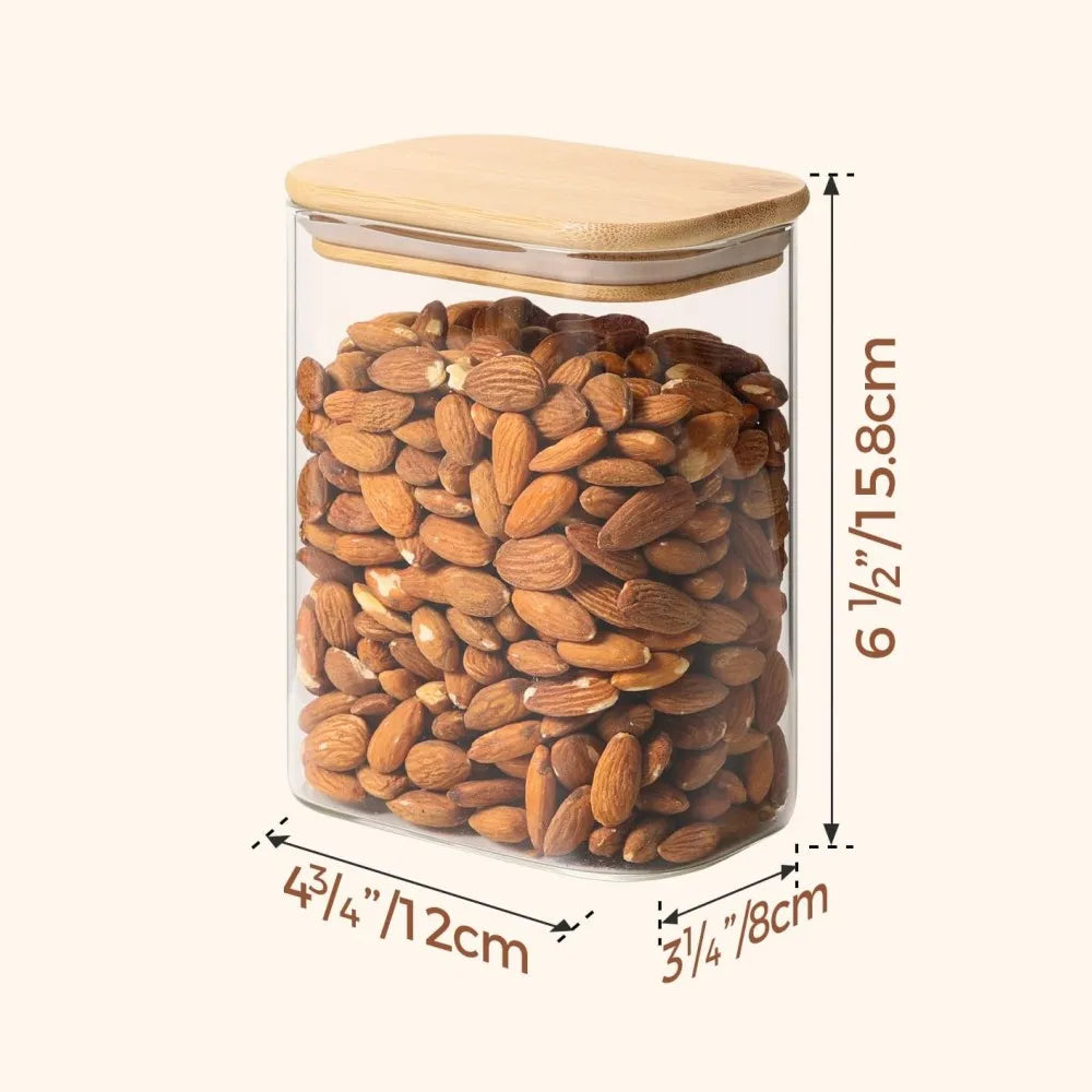 Rectangle  Storage Containers Jars with Bamboo Lids, Clear Food Storage Jar, Pantry Kitchen Organizer for Pasta Flour Oats Nuts