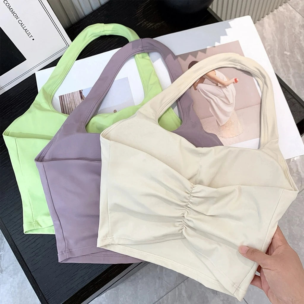 Summer New Sexy Hanging Neck with Chest Pads, Beautiful Back Sports Bra, Women's Light Luxury Fashion, Unique Pleated Sports Bra