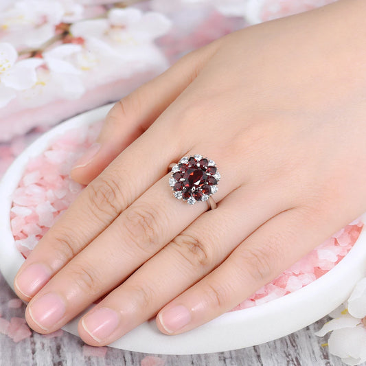 Natural Red Garnet Solid Sterling Silver Rings 4.2 Carats Genuine Birthstone Classic Romantic Fine Jewelry Design S925 Gifts