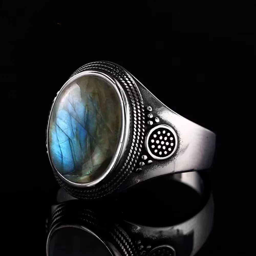 Vintage S925 Sterling Silver Natural labradorite Moonstone Ring 10x14MM Large Turquoise Lapis Retro Ring For Women Men