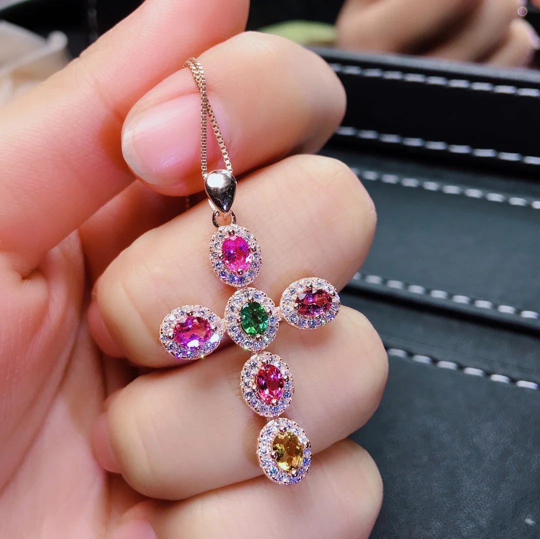 FS 3*4 Natural Ruby/Emerald/Sapphire/Citrine Cross Pendants S925 Sterling Silver Fine Fashion Charm Weddings Jewelry for Women