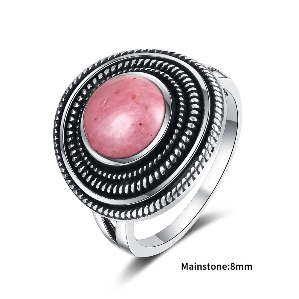 Natural Rhodochrosite Rings Women's S925 Silver Jewelry Ring Gifts Vintage Fine Wedding Ring