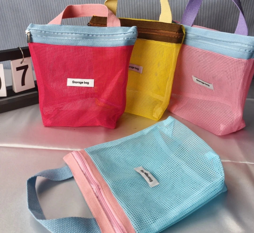 Ins Style Vibrant Bright Color Summer Mesh Tote Bag Small Cosmetic Bag Handbag Foldable Portable Toiletry Bag Women's Beach Bag