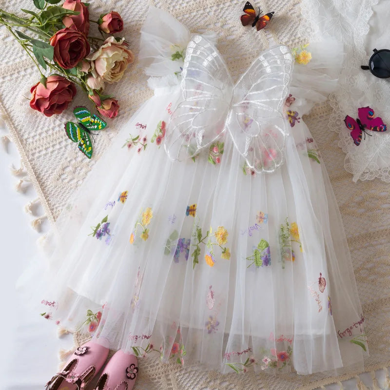 Summer Baby Girl Butterfly Wing Princess Dress Floral Embroidery Sleeveless Gauze Dress Girl Wedding Party Costume Nine Colors