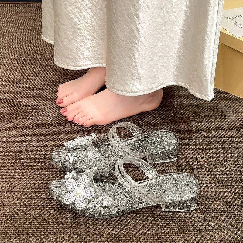 Luxury Rhinestore Flower Pvc Gladiator Sandals Women Summer 2026 Korean Style Crystal Jelly Shoes Lady Thick Heel Mules Slippers
