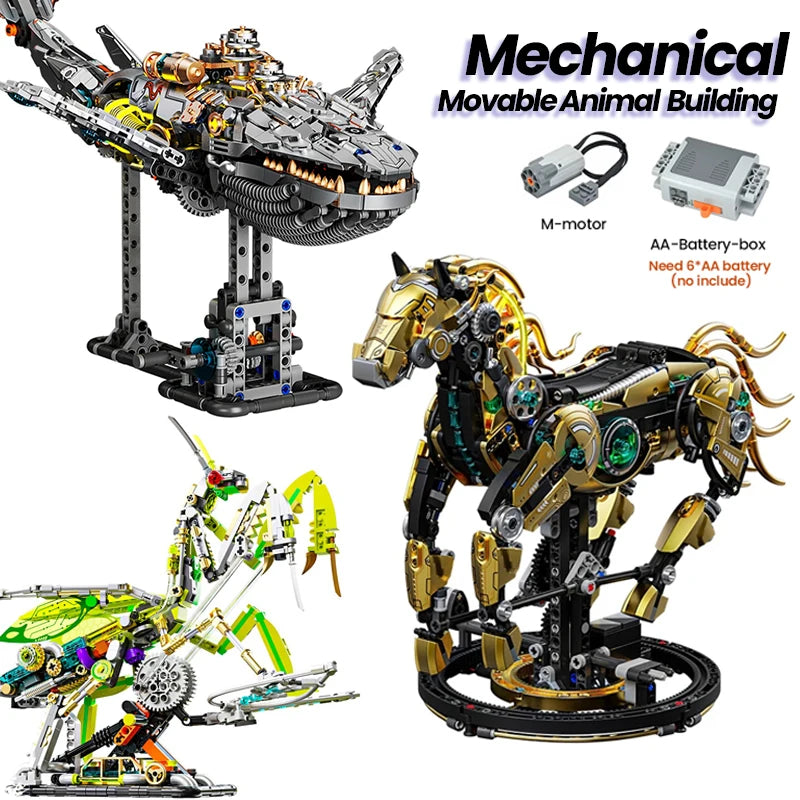 Mechanical Building Set Lights Movable Robot Mantis Dinosaur Horse DIY Science Technical Bricks STEM Toy Kit for Adults Kids