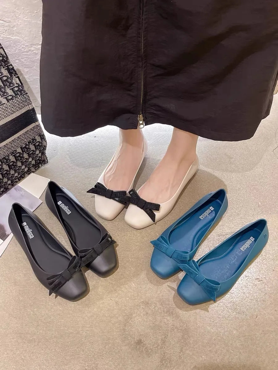 Melissa Women Flats Comfort Ballerina Shoes 2025 Summer New Shallow Mouth Non-slip Ladies Loafers Elegant Bowknot Women Single