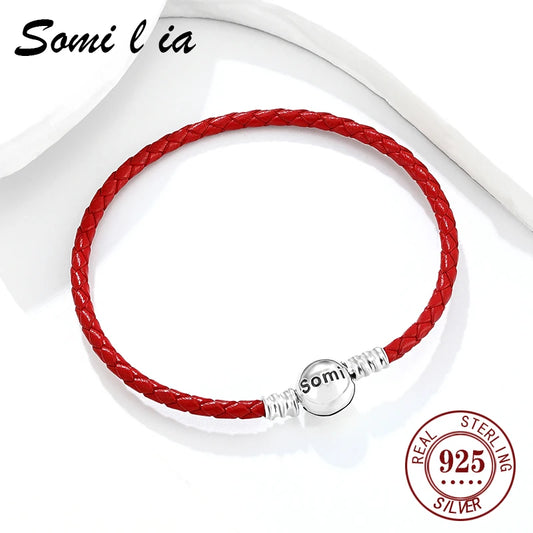 Somi lia- Genuine Ladies Classic Red Natural cowhide Bracelet For Women S925 Fit European Style Charm And Bead,Fashion Jewelry,
