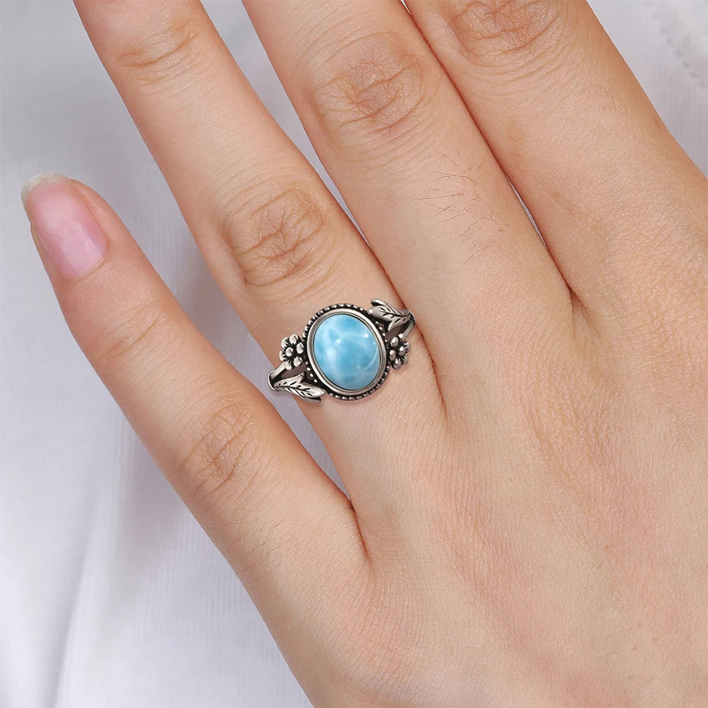Vintage S925 Sterling Silver Natural 8*10mm Larimar Stone Ring Gift Flower leaf Shaped Moonstone Ring Fine Jewelry For Women