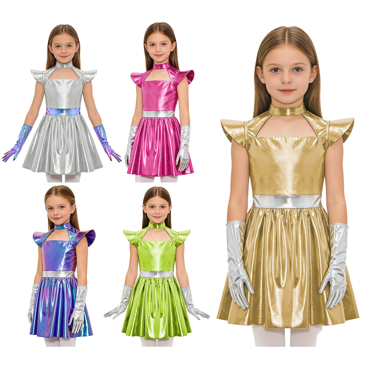 Girls Alien Astronaut Dance Dress – Metallic Ruffle Costume with Gloves, Sizes 6–16