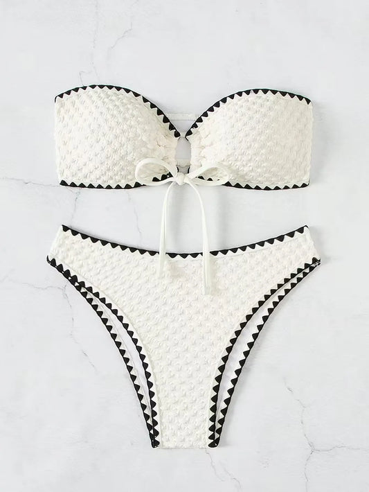 Swimwear White 2 Piece Strapless Swimsuit for Women Sexy Bandeau Backless Bikini Set Lace-up Patchwork Bathing Suit 2025 New