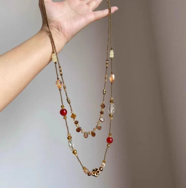 Bohemian Vintage Irregular Natural Stone Necklace for Women Handmade Crystal Beads Double Layer Long Sweater Chain Jewelry Gift
