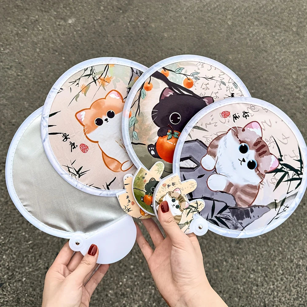 4Pcs Cute Cat Folding Fans, Maneki-Neko 2-in-1 Cooling & Sun Protection, Portable Handheld w/ Bag, Summer Holiday Gift