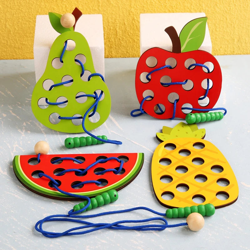 Fruits Threading Teaching Toys Wooden Lacing Toy Kids Toddlers Fine Motor Skills Toy Activity Early Educational Toys Boys Girls