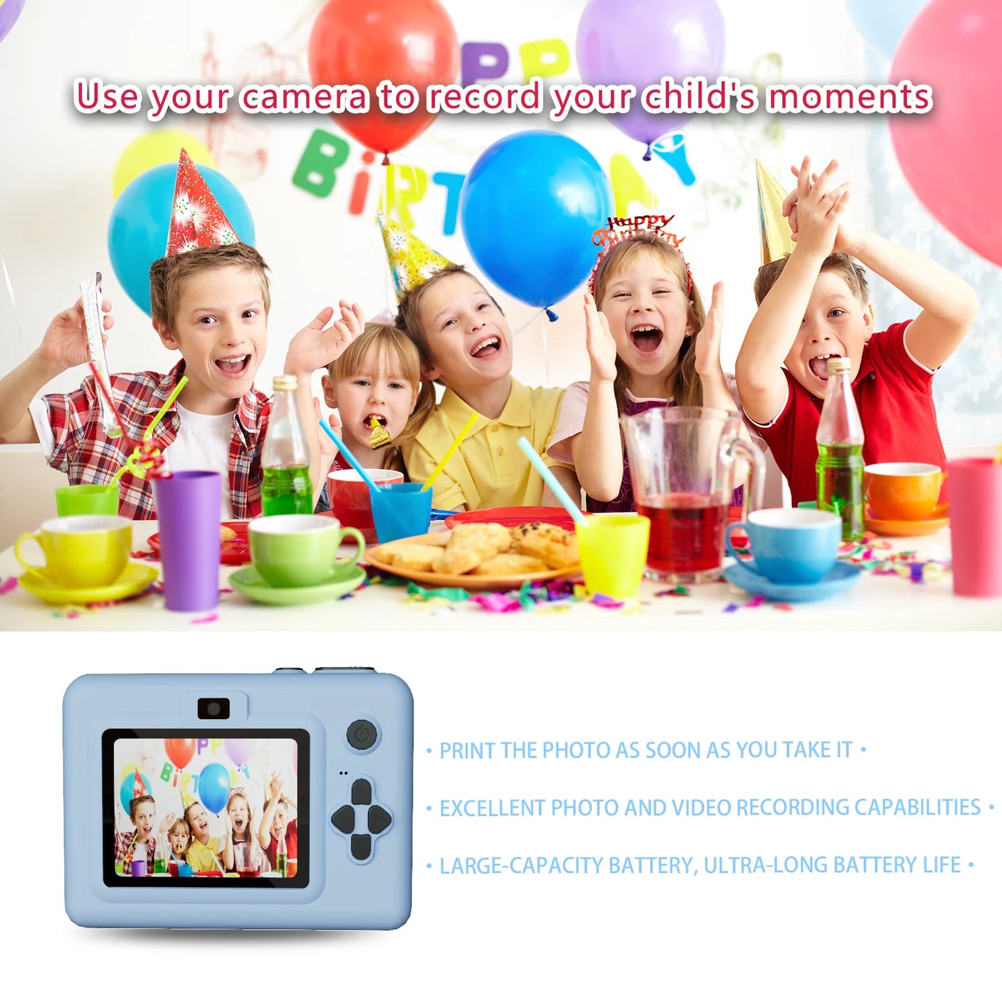 kids instants camera with 32GB memory card&color pencil, dual cameras, flashlight, the perfect gift for boys and girls.