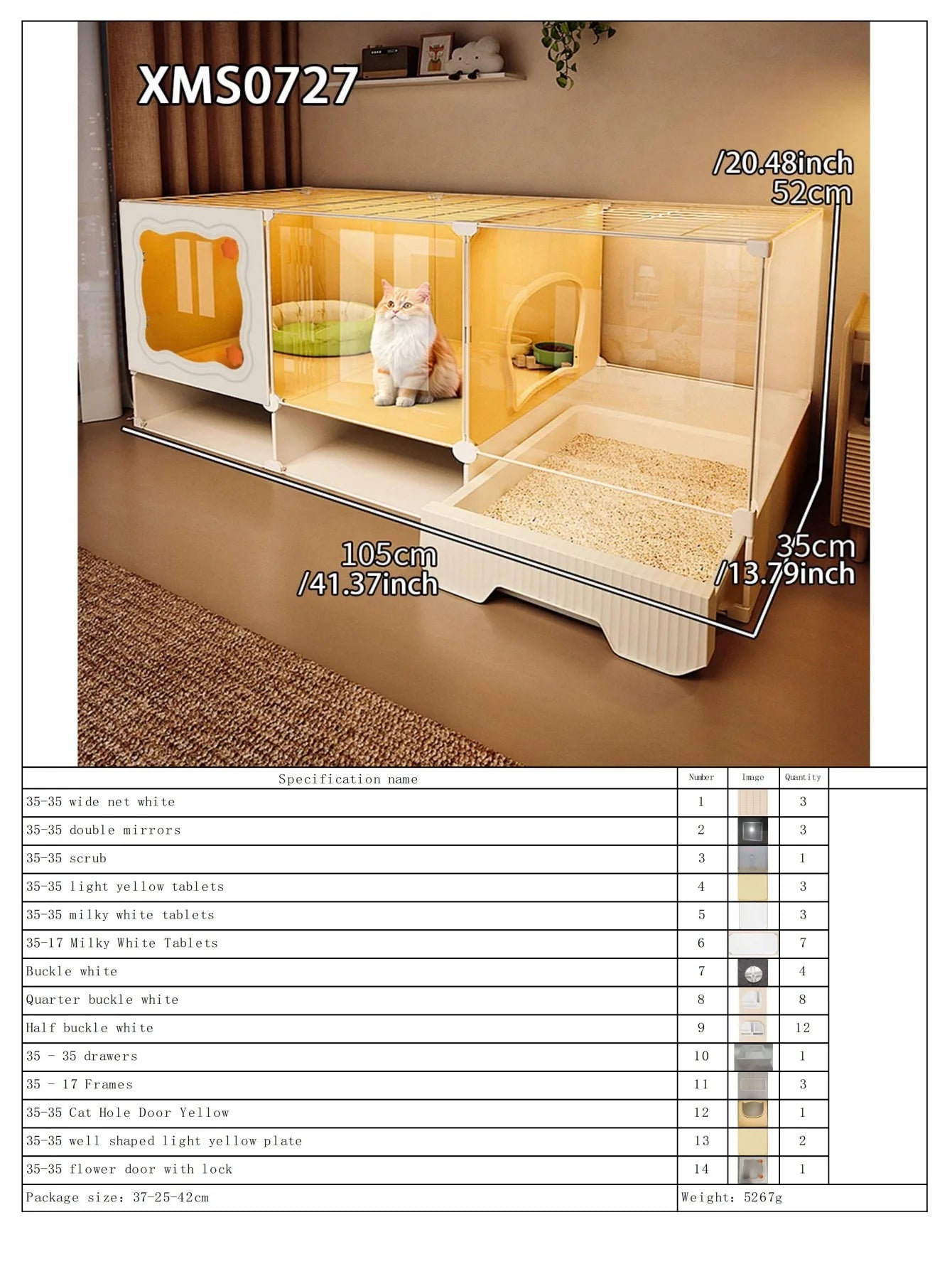 Cat Cage with Drawer-Type Litter Box, Indoor Kitten House with Toilet, Cat Cabinet with One Bedroom, One Living Room, and One Bathroom, Kitten Villa