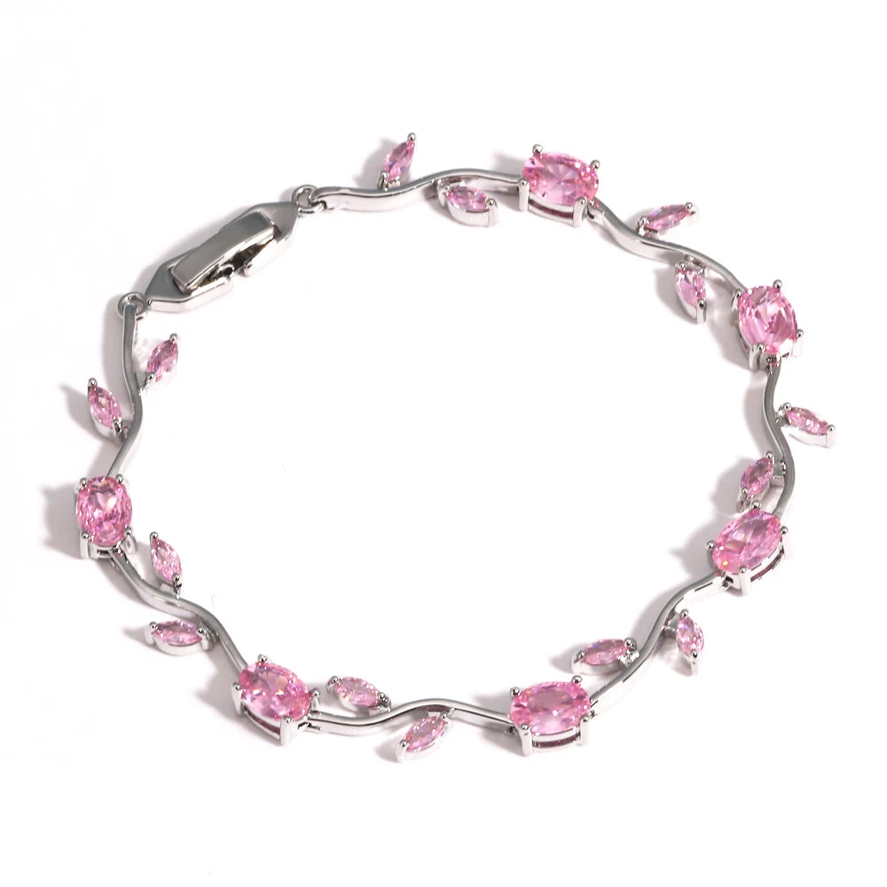 Natural Royal Women Jewelry Silver Color Dark Blue CZ Crystal Leaf Chain Link Bracelets and Bangles for Party Gift