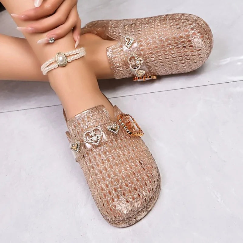 Women's jelly crystal open-toe slippers, new summer style, fashionable women's beach sandals, hollow design, non-slip.