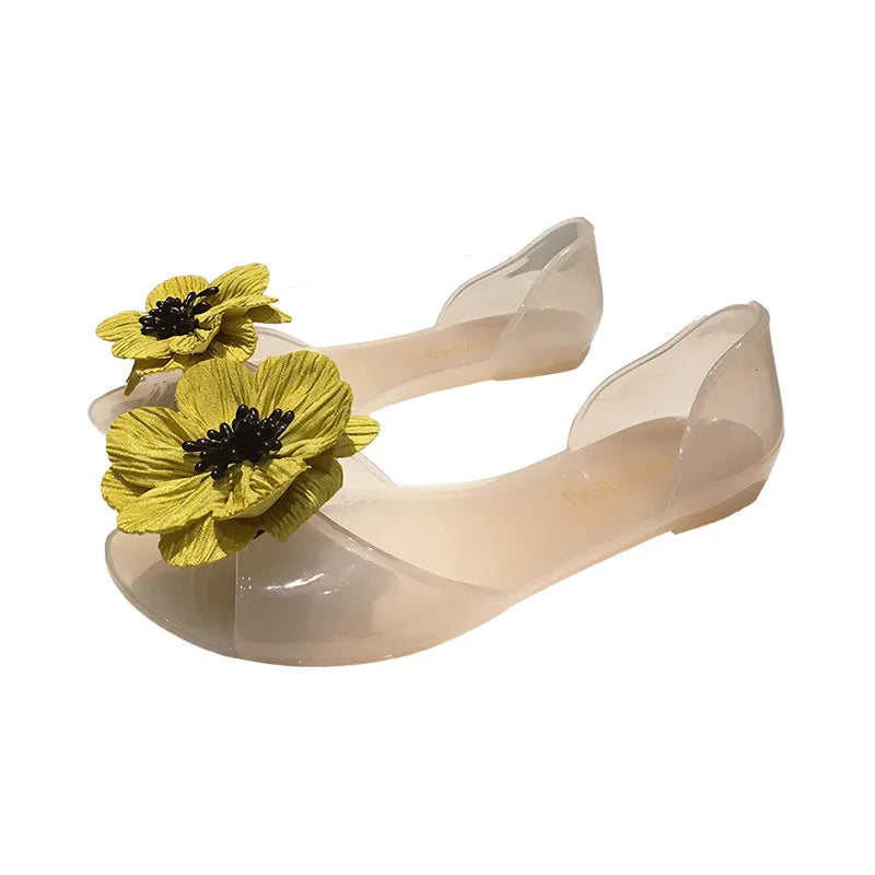 2026 New Fashion Women Jelly Sandals Transparent Crystal Design Flower Decor Waterproof Breathable Soft Sole Sweet Beach Shoes