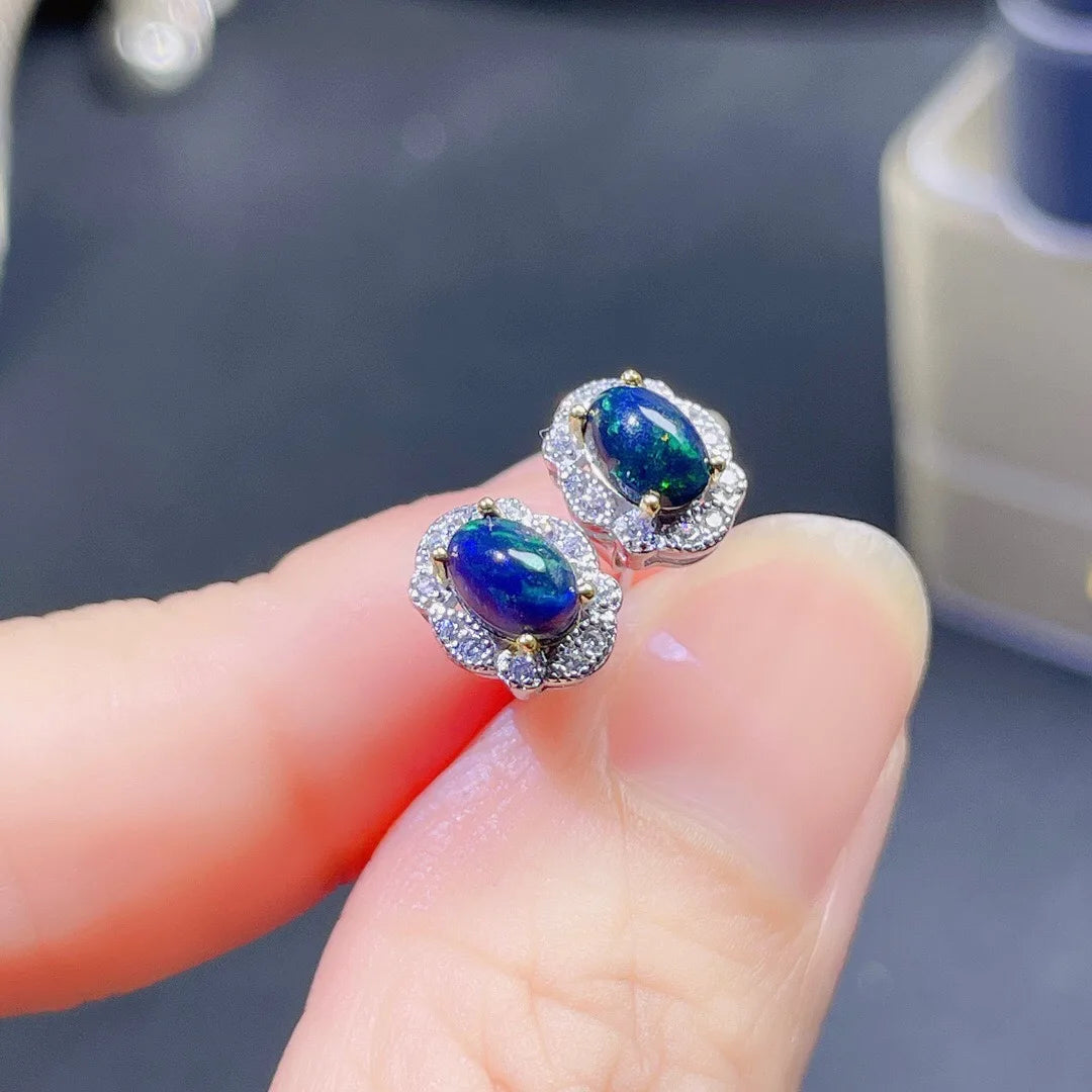 Natural High Quality Black Opal Flower Type Earrings S925 Sterling Silver Fashion Fine Charming Jewelry for Women