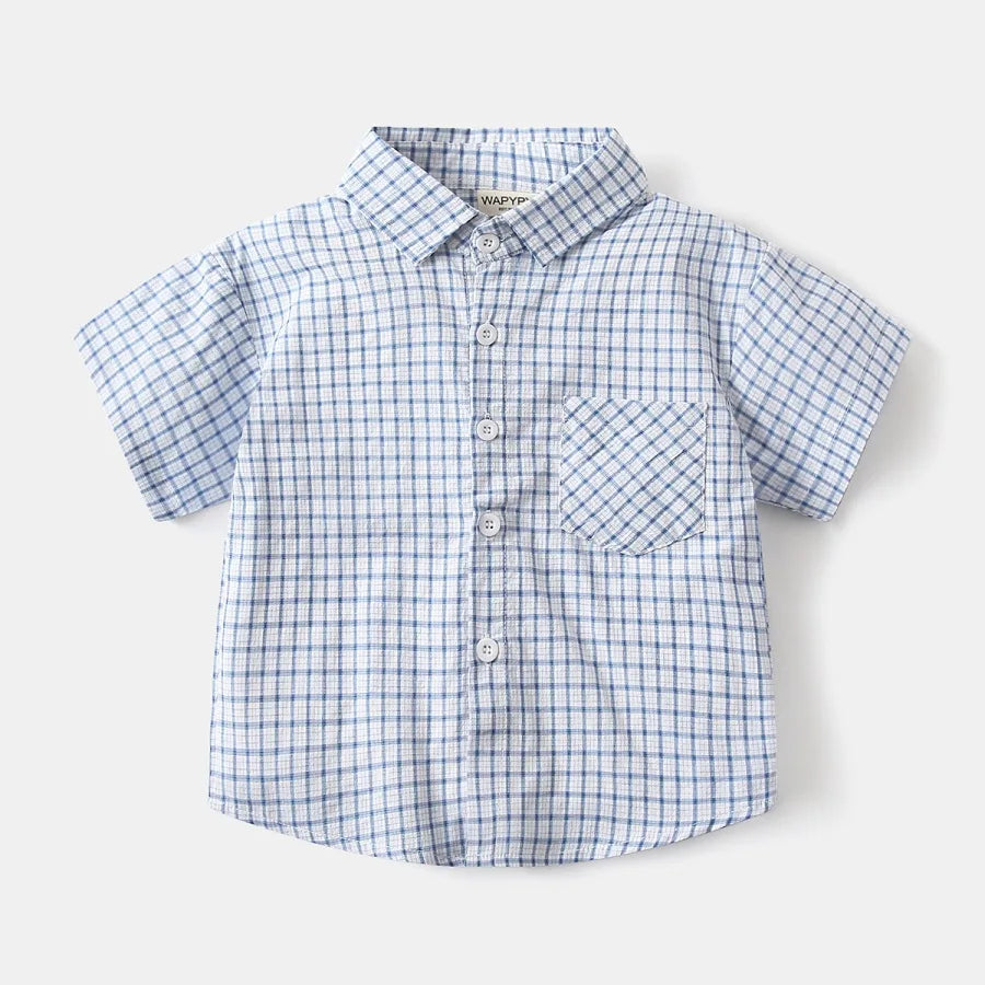 2026 Summer 2-6Y Childrens Clothes Turn-down Collar Bubble Plaid Boys Shirt with Chest Pocket Single-row Buttons