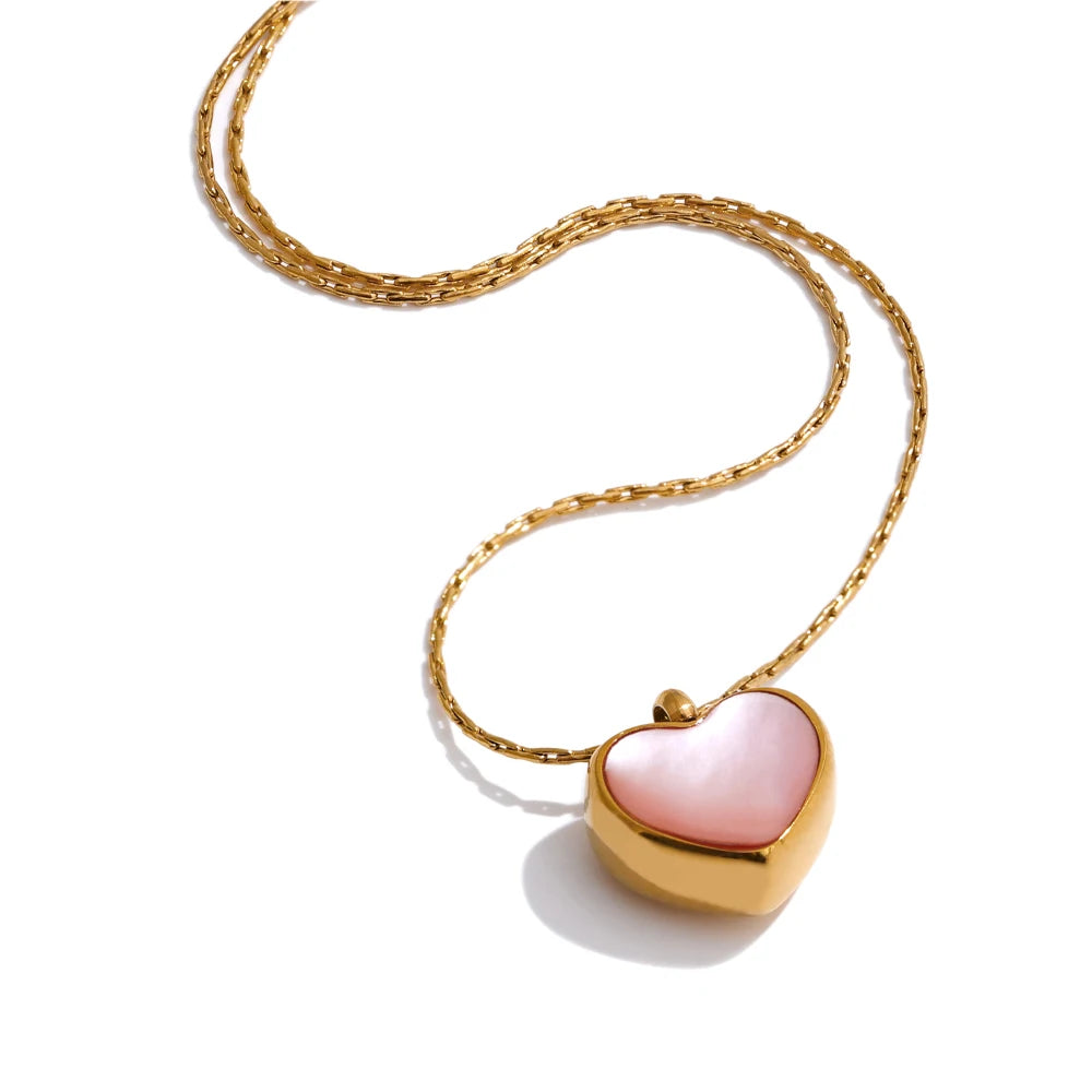 Yhpup Valentine's Day Gift Pink Shell Heart Thick Necklace Pendant Stainless Steel Cute Charm Exquisite Jewelry New