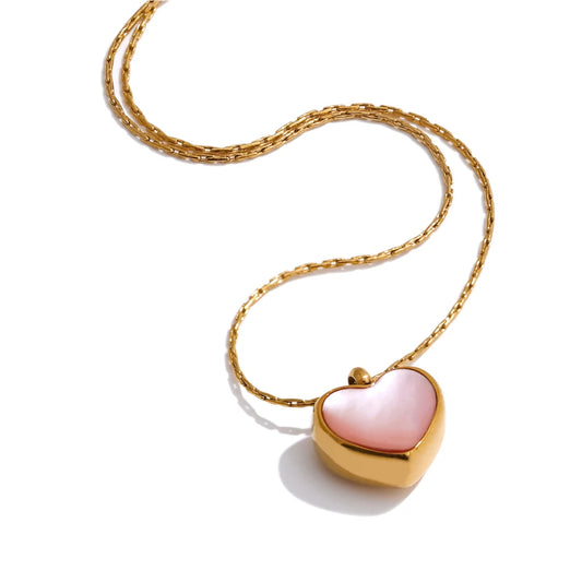 Yhpup Valentine's Day Gift Pink Shell Heart Thick Necklace Pendant Stainless Steel Cute Charm Exquisite Jewelry New