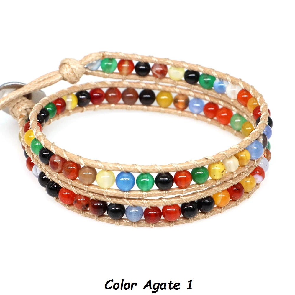 Natural Stone Bohemian Wrap Bead Bracelet Lapis Lazuli 2 Strands Multilayer Leather Rope Woven Bangle For Women Men Jewelry Gift