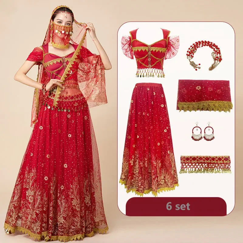 Women Festival Halloween Cosplay Belly Dance Top Dress Adult Indian Arab Jasmine Sari Fantasy Rave Bollywood Outfit Costume Suit