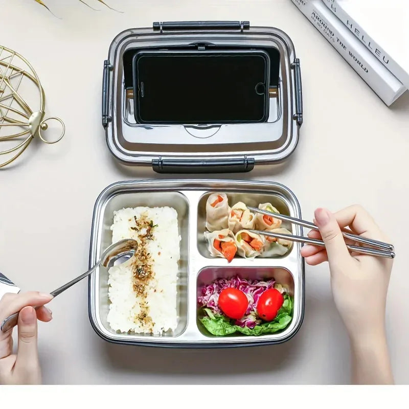 Leak-Proof Stainless Steel Lunch Box With 3/4 Compartments - Durable, Easy-Clean Bento Container For Students & Office Workers