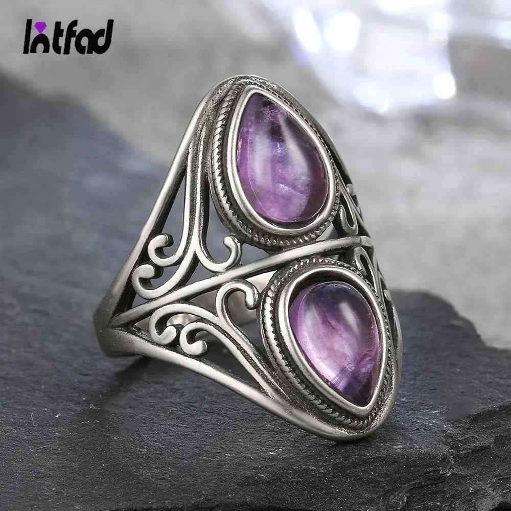 S925 Sterling Silver Vintage Ring With Natural Amethyst Two Stone Ring Waterdrop Shape Fine Jewelry Gifts for Women