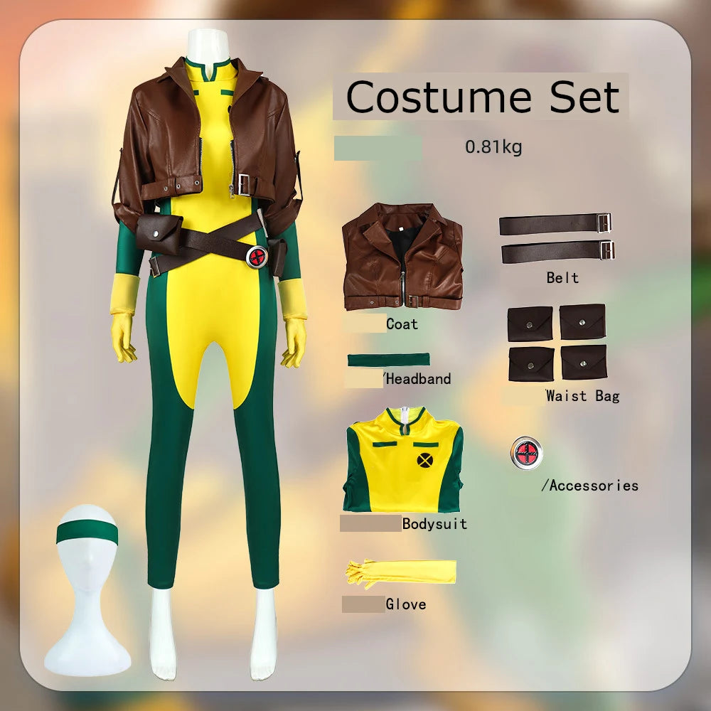 X-Men Rogue Cosplay Costume Adult Women Superhero Bodysuit Yellow Jumpsuit Brown Jacket Halloween Carnival Comic Con Outfit