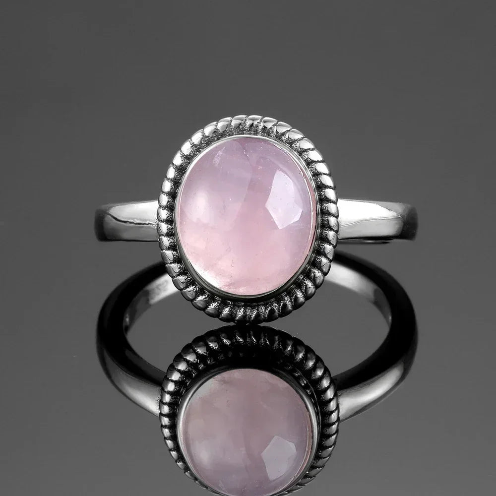 S925 Sterling SilverRing for Women Oval Round Natural Rose Quartz Ring Gift Sun Shaped Retro Luxury Fashion Fine Jewelry