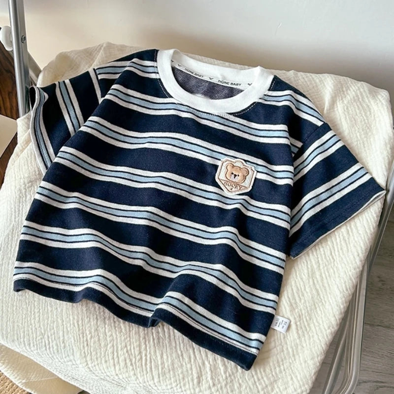 New Summer Childrens Clothes Korean Style Multiple Striped T-shirt with Cute Bear Embroidery Patch for Boys Girls Loose T-shirt