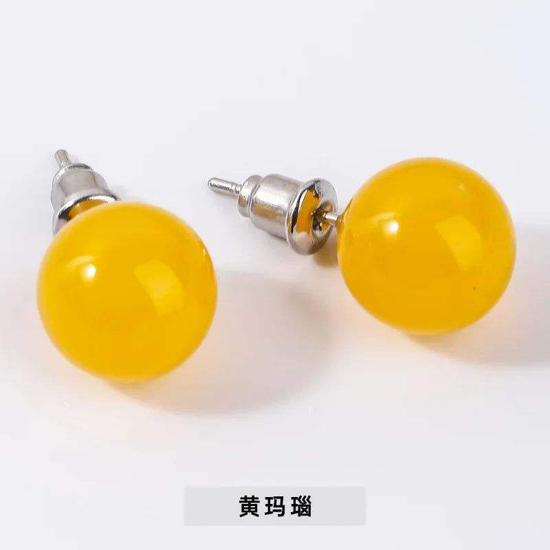 6mm 8mm 10mm Natural Agate Earrings Healing Crystal Stone Round Ball Pearl Beads Stud Fashion Jewelry for Women Girl Wholesale