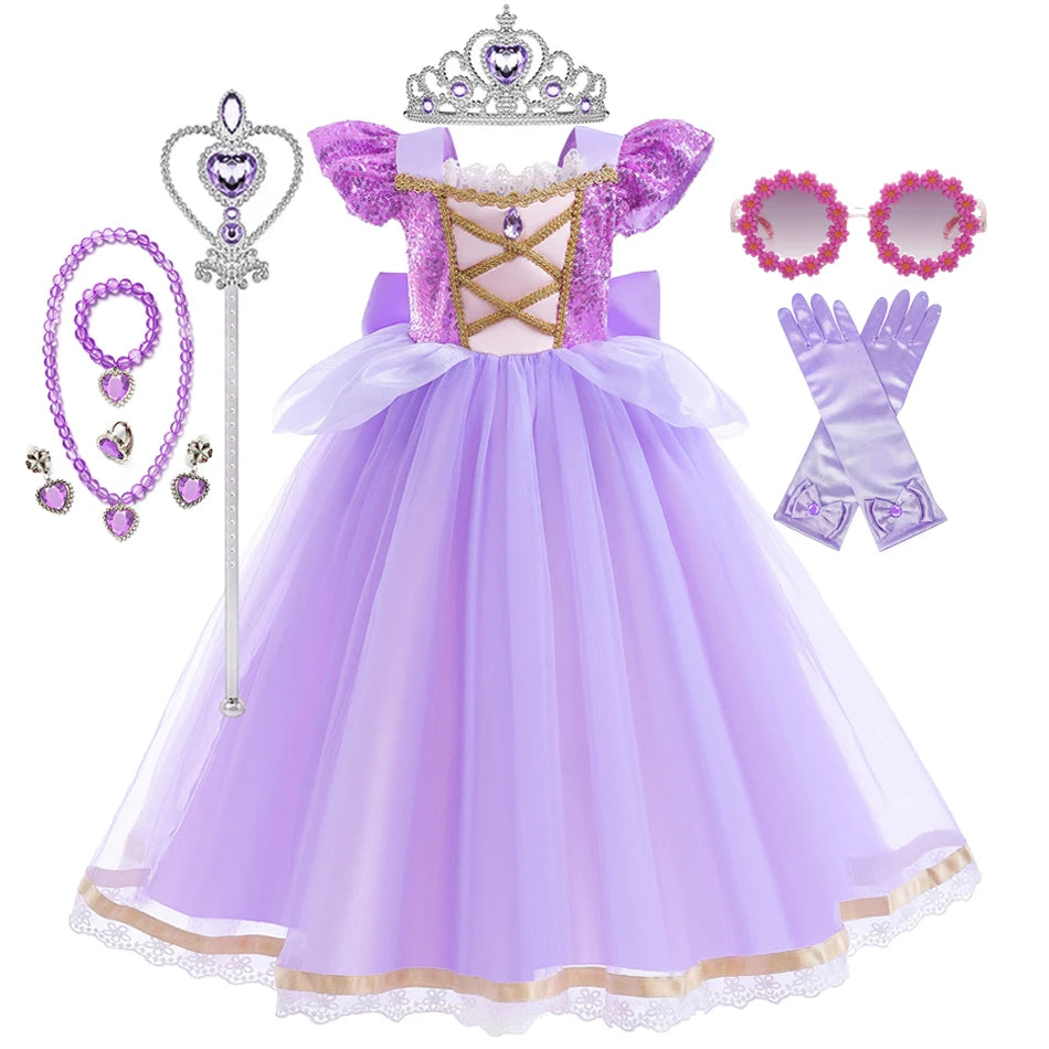 Summer Rapunzal Girl Princess Dress Cosplay Tangled Halloween Birthday Party Vestido Kids Birthday Costume