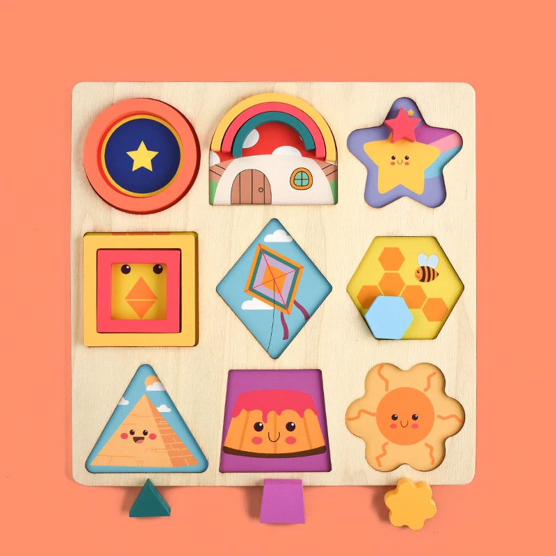 Montessori Children Wooden Rainbow DIY Shape Jigsaw Blocks Puzzle Board Educational Matching Activity Learning Toys for Kids